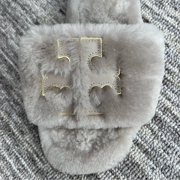 Tory Burch Women's Double TLogo Shearling Slide Sandals shoes Gray Heron Gold 10 - Picture 3 of 5